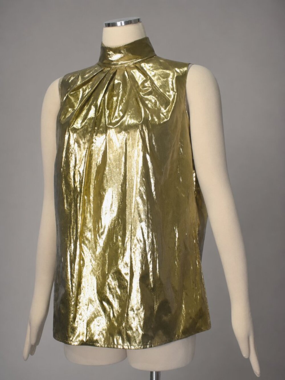 Vintage 80s Gold Metallic Lame Pleated Mock Neck Disco Top Sleeveless Blouse 14